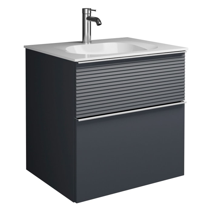 burgbad Fiumo Mineralguss-Waschtisch mit Unterschrank 62 cm, mit Griff G0146, oben mit Plissée-Struktur