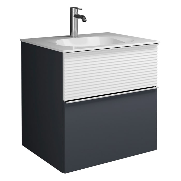 burgbad Fiumo Mineralguss-Waschtisch mit Unterschrank 62 cm, mit Griff G0146, oben mit Plissée-Struktur