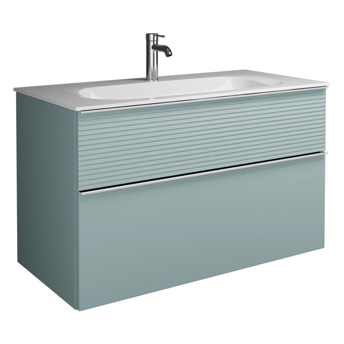 burgbad Fiumo Mineralguss-Waschtisch mit Unterschrank 102 cm, mit Griff G0146, oben mit Plissée-Struktur