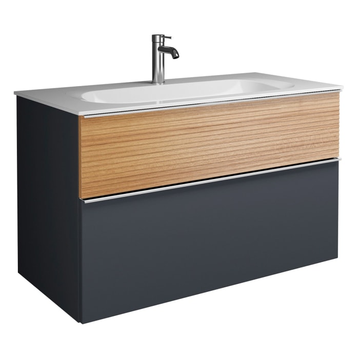 burgbad Fiumo Mineralguss-Waschtisch mit Unterschrank 102 cm, mit Griff G0146, oben mit Plissée-Struktur