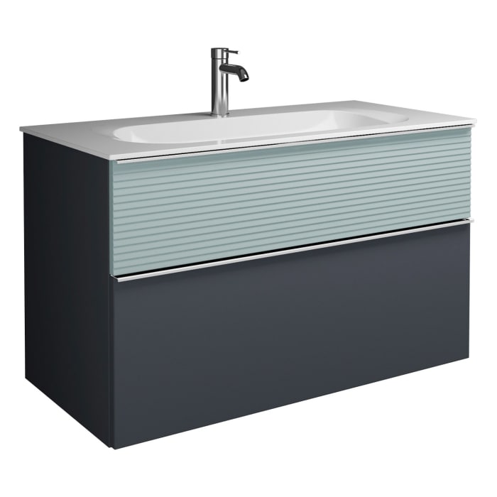 burgbad Fiumo Mineralguss-Waschtisch mit Unterschrank 102 cm, mit Griff G0146, oben mit Plissée-Struktur