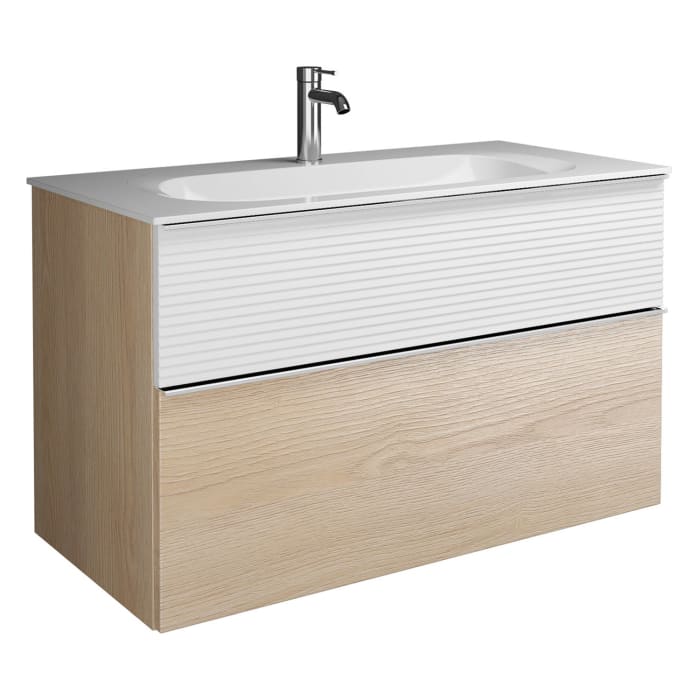 burgbad Fiumo Mineralguss-Waschtisch mit Unterschrank 102 cm, mit Griff G0146, oben mit Plissée-Struktur