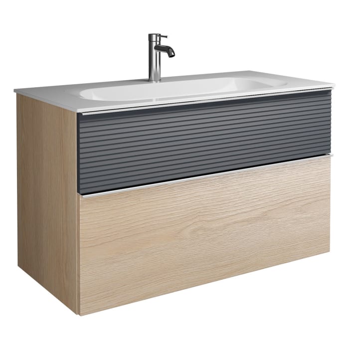 burgbad Fiumo Mineralguss-Waschtisch mit Unterschrank 102 cm, mit Griff G0146, oben mit Plissée-Struktur