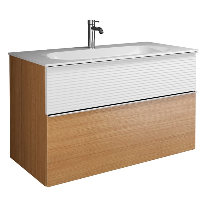 burgbad Fiumo Mineralguss-Waschtisch mit Unterschrank 102 cm, mit Griff G0146, oben mit Plissée-Struktur