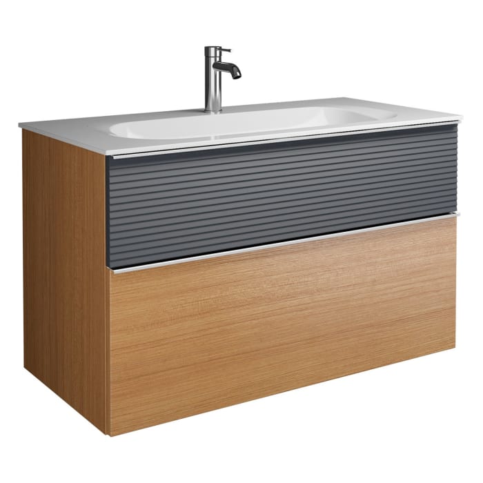 burgbad Fiumo Mineralguss-Waschtisch mit Unterschrank 102 cm, mit Griff G0146, oben mit Plissée-Struktur