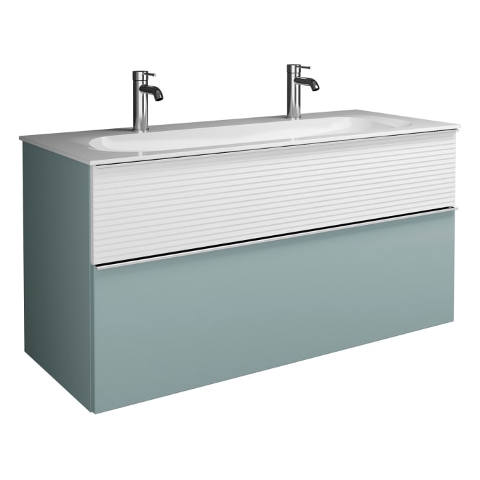 burgbad Fiumo Mineralguss-Waschtisch mit Unterschrank 122 cm, mit 2 Hahnlöcher, mit Griff G0146, oben mit Plissée-Struktur