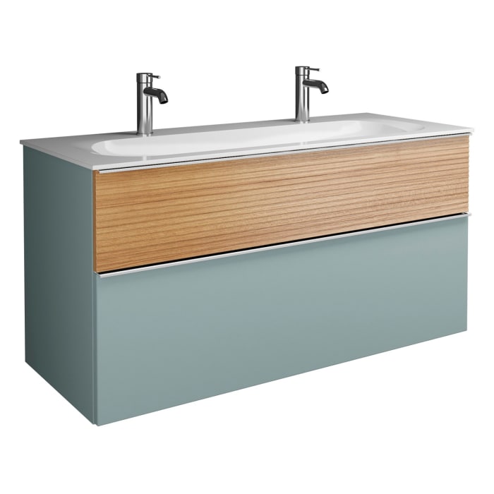 burgbad Fiumo Mineralguss-Waschtisch mit Unterschrank 122 cm, mit 2 Hahnlöcher, mit Griff G0146, oben mit Plissée-Struktur