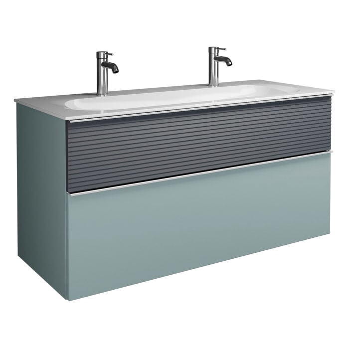 burgbad Fiumo Mineralguss-Waschtisch mit Unterschrank 122 cm, mit 2 Hahnlöcher, mit Griff G0146, oben mit Plissée-Struktur