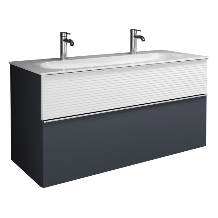 burgbad Fiumo Mineralguss-Waschtisch mit Unterschrank 122 cm, mit 2 Hahnlöcher, mit Griff G0146, oben mit Plissée-Struktur