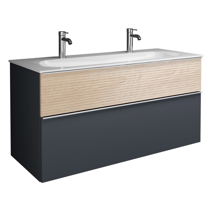 burgbad Fiumo Mineralguss-Waschtisch mit Unterschrank 122 cm, mit 2 Hahnlöcher, mit Griff G0146, oben mit Plissée-Struktur