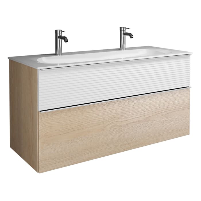 burgbad Fiumo Mineralguss-Waschtisch mit Unterschrank 122 cm, mit 2 Hahnlöcher, mit Griff G0146, oben mit Plissée-Struktur