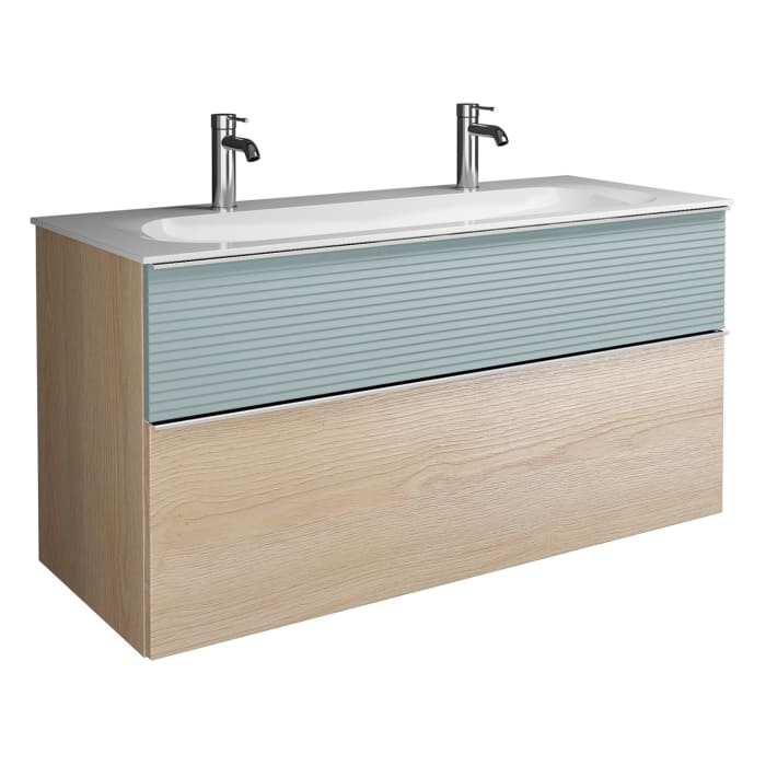 burgbad Fiumo Mineralguss-Waschtisch mit Unterschrank 122 cm, mit 2 Hahnlöcher, mit Griff G0146, oben mit Plissée-Struktur