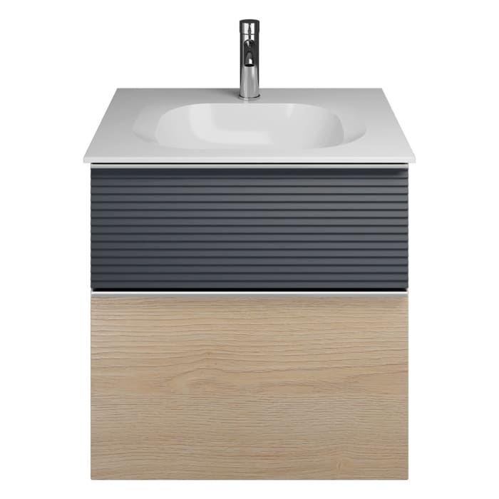 burgbad Fiumo Mineralguss-Waschtisch mit Unterschrank 62 cm, mit Griff G0146, oben mit Plissée-Struktur