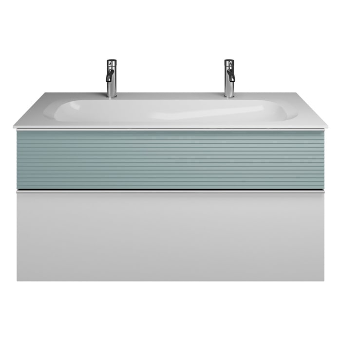 burgbad Fiumo Mineralguss-Waschtisch mit Unterschrank 122 cm, mit 2 Hahnlöcher, mit Griff G0146, oben mit Plissée-Struktur