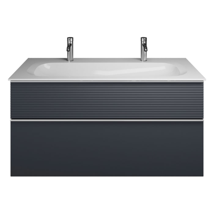 burgbad Fiumo Mineralguss-Waschtisch mit Unterschrank 122 cm, mit 2 Hahnlöcher, mit Griff G0146, oben mit Plissée-Struktur