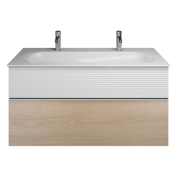 burgbad Fiumo Mineralguss-Waschtisch mit Unterschrank 122 cm, mit 2 Hahnlöcher, mit Griff G0146, oben mit Plissée-Struktur