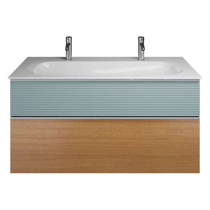 burgbad Fiumo Mineralguss-Waschtisch mit Unterschrank 122 cm, mit 2 Hahnlöcher, mit Griff G0146, oben mit Plissée-Struktur