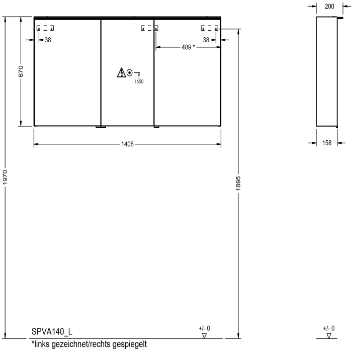 burgbad Ilo Spiegelschrank mit LED-Beleuchtung 140,6 x 67 cm, 3 Spiegeltüren, links