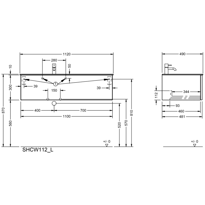 burgbad Ilo Waschtisch mit Waschtischunterschrank 112 x 31 cm, 1 Auszug