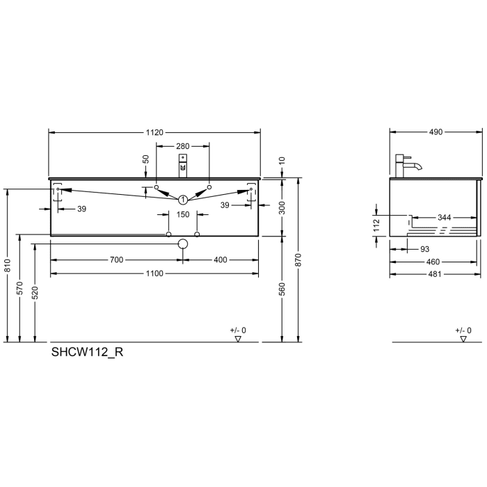 burgbad Ilo Waschtisch mit Waschtischunterschrank 112 x 31 cm, 1 Auszug