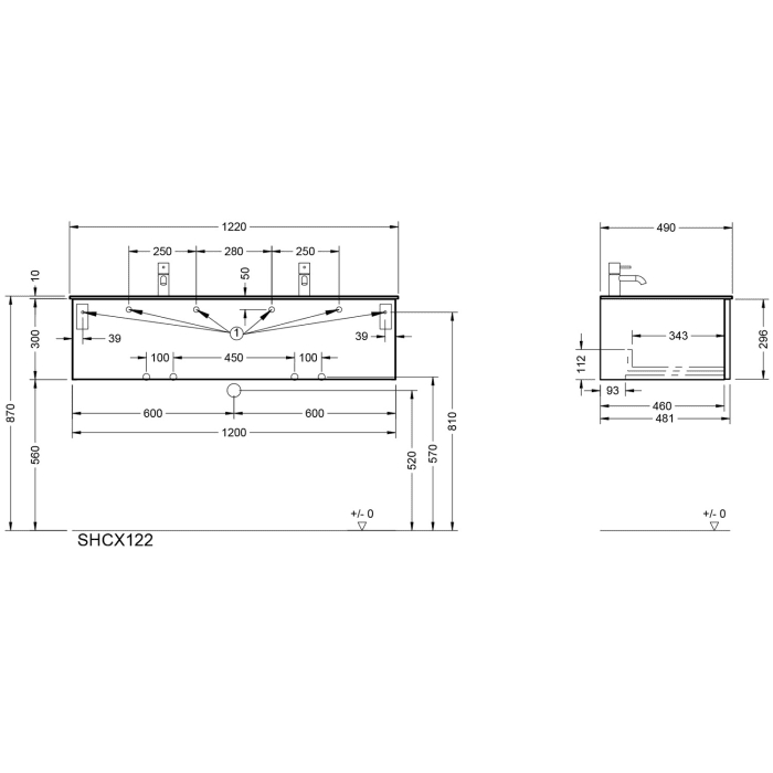 burgbad Ilo Waschtisch mit Waschtischunterschrank 122 x 31 cm, 1 Auszug