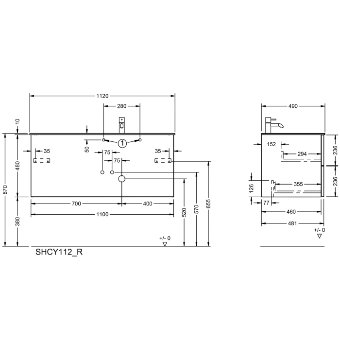 burgbad Ilo Waschtisch mit Waschtischunterschrank 112 x 49 cm, 1 Auszug, 1 Schublade