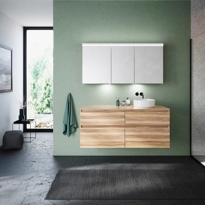 burgbad Lin20 Spiegelschrank mit LED-Beleuchtung, 140 cm, 3 Spiegeltüren, rechts, mit Waschtischbeleuchtung