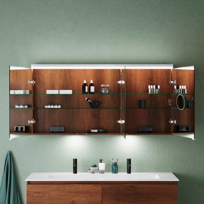 burgbad Lin20 Spiegelschrank mit LED-Beleuchtung, 140 cm, 3 Spiegeltüren, links, mit Waschtischbeleuchtung