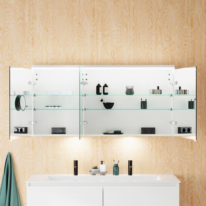 burgbad Lin20 Spiegelschrank mit LED-Beleuchtung, 140 cm, 3 Spiegeltüren, rechts, mit Waschtischbeleuchtung