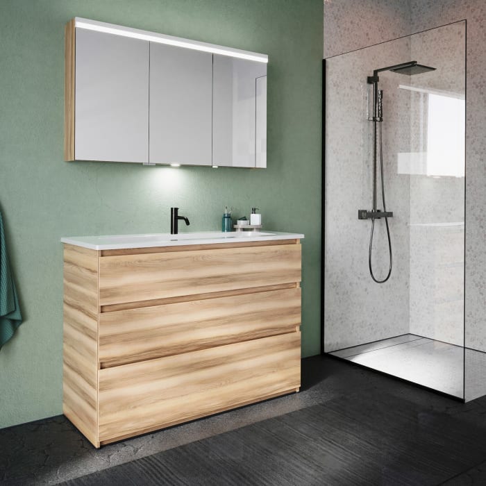 burgbad Lin20 Spiegelschrank mit LED-Beleuchtung, 120 cm, 3 Spiegeltüren, links, mit Waschtischbeleuchtung