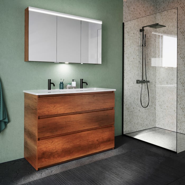 burgbad Lin20 Spiegelschrank mit LED-Beleuchtung, 120 cm, 3 Spiegeltüren, links, mit Waschtischbeleuchtung