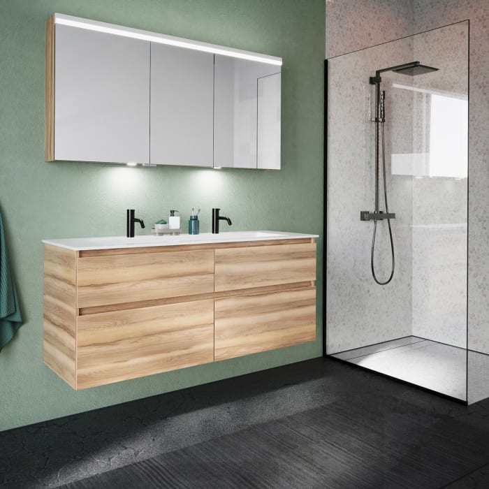 burgbad Lin20 Spiegelschrank mit LED-Beleuchtung, 140 cm, 3 Spiegeltüren, links, mit Waschtischbeleuchtung