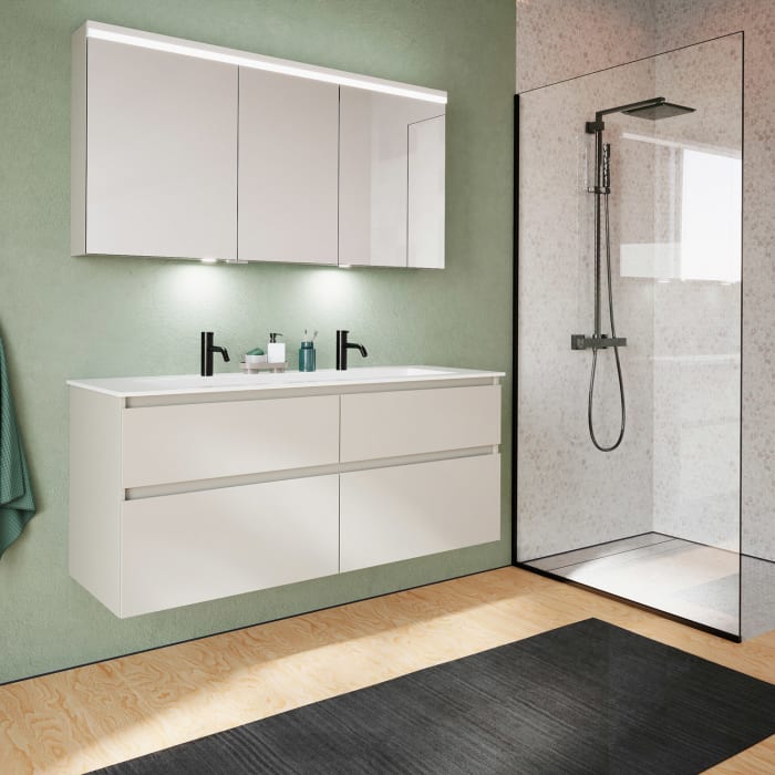 burgbad Lin20 Spiegelschrank mit LED-Beleuchtung, 140 cm, 3 Spiegeltüren, rechts, mit Waschtischbeleuchtung