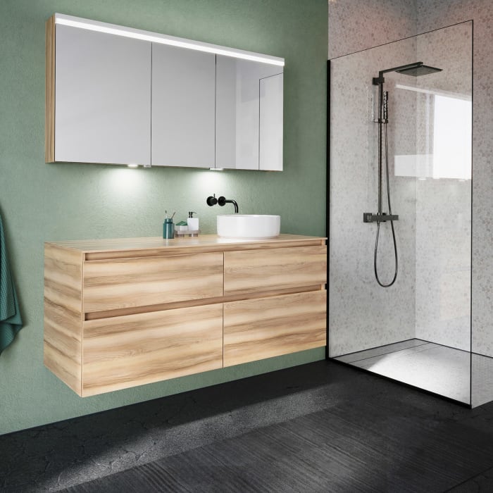 burgbad Lin20 Spiegelschrank mit LED-Beleuchtung, 140 cm, 3 Spiegeltüren, rechts, mit Waschtischbeleuchtung