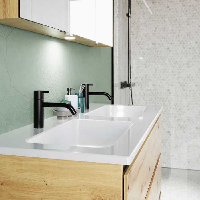 burgbad Lin20 Waschtischunterschrank mit Keramik-Doppelwaschtisch 123 cm, 6 Auszüge