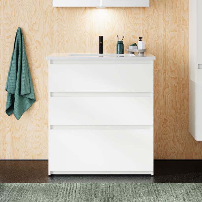 burgbad Lin20 Waschtischunterschrank mit Keramik-Waschtisch 83 cm, 3 Auszüge