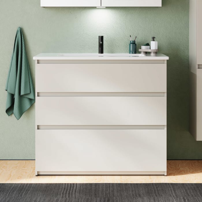 burgbad Lin20 Waschtischunterschrank mit Keramik-Waschtisch 103 cm, 3 Auszüge