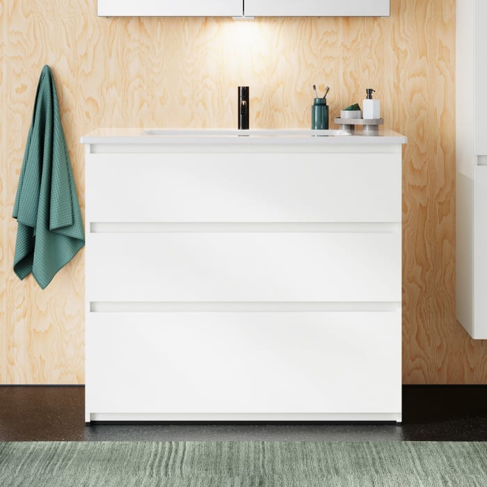 burgbad Lin20 Waschtischunterschrank mit Keramik-Waschtisch 103 cm, 3 Auszüge