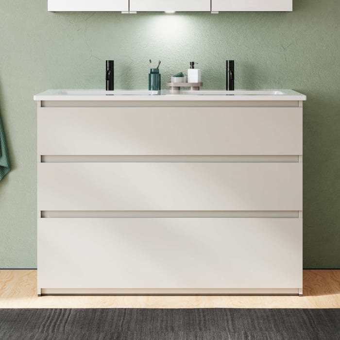burgbad Lin20 Waschtischunterschrank mit Keramik-Doppelwaschtisch 123 cm, 3 Auszüge