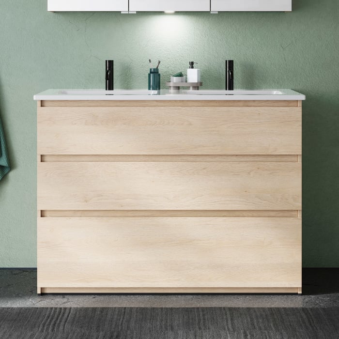 burgbad Lin20 Waschtischunterschrank mit Keramik-Doppelwaschtisch 123 cm, 3 Auszüge