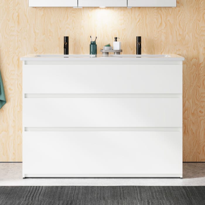 burgbad Lin20 Waschtischunterschrank mit Keramik-Doppelwaschtisch 123 cm, 3 Auszüge