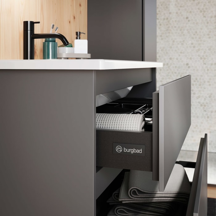 burgbad Lin20 Waschtischunterschrank mit Keramik-Waschtisch 83 cm, 2 Auszüge