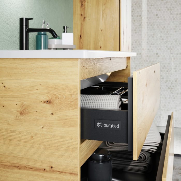 burgbad Lin20 Waschtischunterschrank mit Keramik-Waschtisch 83 cm, 3 Auszüge