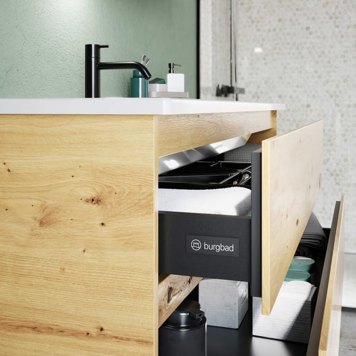 burgbad Lin20 Waschtischunterschrank mit Keramik-Waschtisch 123 cm, 3 Auszüge