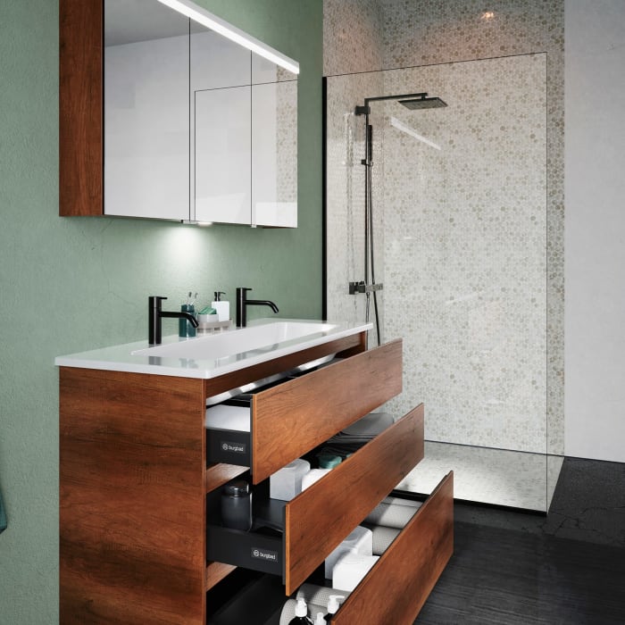 burgbad Lin20 Waschtischunterschrank mit Keramik-Waschtisch 123 cm, 3 Auszüge