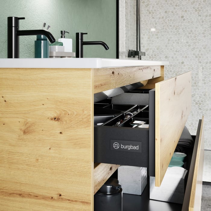 burgbad Lin20 Waschtischunterschrank mit Keramik-Doppelwaschtisch 123 cm, 3 Auszüge