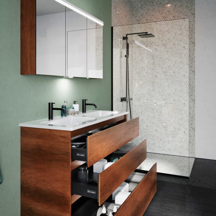 burgbad Lin20 Waschtischunterschrank mit Keramik-Doppelwaschtisch 123 cm, 3 Auszüge