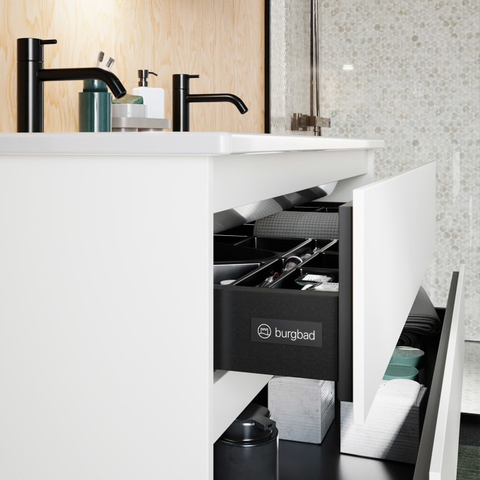 burgbad Lin20 Waschtischunterschrank mit Keramik-Doppelwaschtisch 123 cm, 3 Auszüge