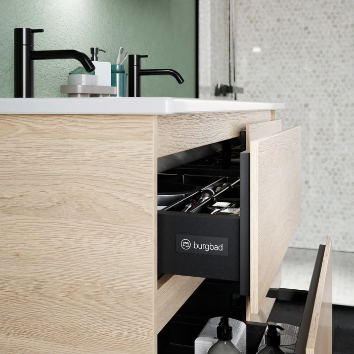 burgbad Lin20 Waschtischunterschrank mit Keramik-Doppelwaschtisch 123 cm, 4 Auszüge