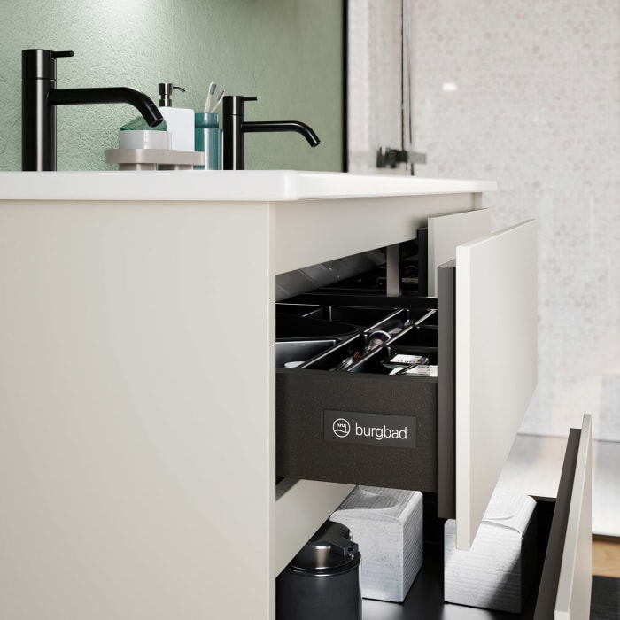 burgbad Lin20 Waschtischunterschrank mit Keramik-Doppelwaschtisch 123 cm, 6 Auszüge